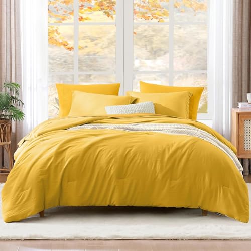 Image of King Size Comforter Set- 7 Pieces Prewashed Bed in a Bag King Bedding Sets | Soft All Season Comforter with Sheets, Pillow Shams & Pillowcases,Yellow