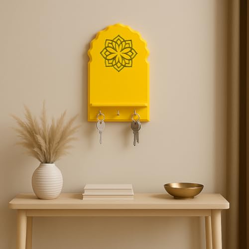 Image of Globally Indian Engineered Wood Keys Holder for Wall with Shelf | Mandala Design Key Stand Organizer for Home Entrance | Decorative Key Hanger for Wall, Entryway, Living Room | Floating Shelf (Yellow)