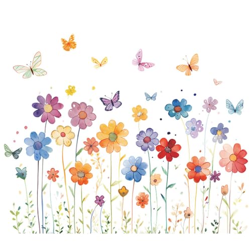 HAOHUODUO Cartoon Watercolor Flowers Butterflies Wall Sticker Children Room Decoration Decorative Wall Stickers Home Decor Wall Decor 28.3x34.6 Inch