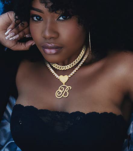 Kohota Gold Cuban Link Chain For Women Cursive Initial Pendant Necklace Layered Heart Shaped Zirconia Iced Out Chain Bling Necklace 24K Gold Plated Luxury Hip Hop Jewelry #TOP4