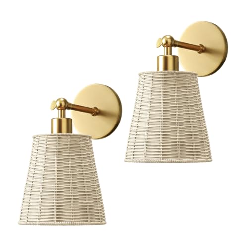 PRIDOLA Wireless Wall Sconces Set of 2 Peel and Stick Battery Operated Wall Lamps for Bedroom with 2 Removable Rechargeable Bulbs Vintage Home Decor (Gold)