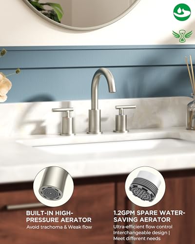 Image of FORIOUS 2 Pack Brushed Nickel Bathroom Faucet 3 Hole with Pop Up Drain and 24 inch Supply Hose, 2 Handle 8 in Widespread 3 Hole Vanity Faucet for Bathroom Sink Brush Nickel with 360 Swivel Spout