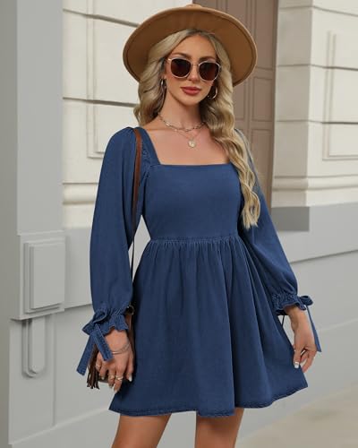 Denim Dress for Women Square Neck Jean Dress Puff Sleeve Babydoll Casual Denim Romper Outfit with Pockets3
