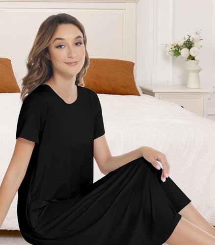 Image of NACHILA Nightgowns for Women-Viscose Made from Bamboo, Short Sleeve Nightshirts Cool Sleep Dress Long Sleep Shirt