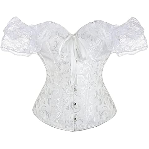 Moessa Women Floral Lace Off Shoulder Corset Bustier Boned Overbust Corset Bodyshaper Lingerie Top A902-White-M Cover