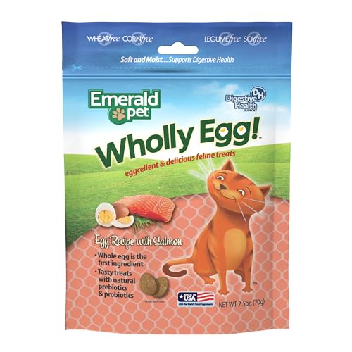 Emerald Pet Wholly Egg Digestive Health Cat Treats - Soft and Moist cat Treats for Healthy Digestion - Natural Prebiotics and Probiotics for cat Digestion - Salmon Treats, 2.5 oz