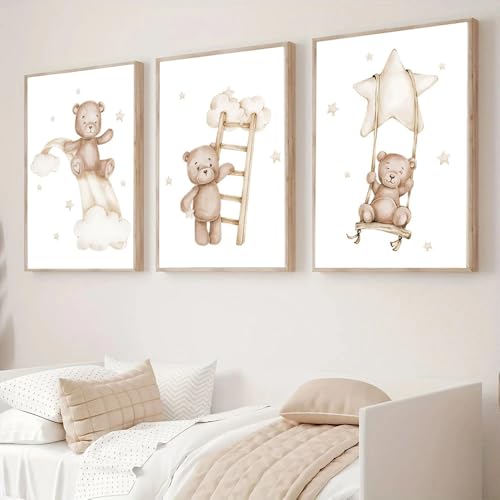 BeiYiHo 3 Affiche Chambre Bébé Beige Deco Ourson Chambre Bebe Tableau Decoration Murale Chambre Garcon 30x40 Poster Ours Chambre Enfant Garcon Cadeau SANS CADRE