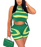 2 Piece Outfits Sweater Sets for Women Sexy Ribbed Knit Sleeveless Crop Top Shorts Set Bodycon Party Club Tracksuit L Green