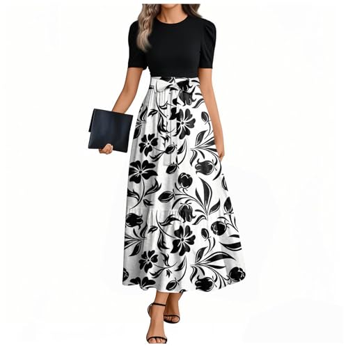 Image of Ladies Summer Dresses Ladies Skirts Beach Cover Up Swing Floral Printed Crew Neck Tiered Patchwork Short Sleeve Maxi Dress for Weddings,Holidays Flowy Wrap Dress (Black, XXL)