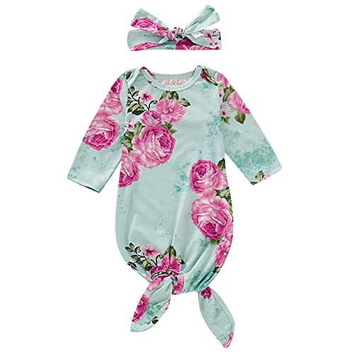 Image of Mubineo Newborn Infant Baby Girl Boy Floral Print Cotton Sleeper Gown with Headband Outfits