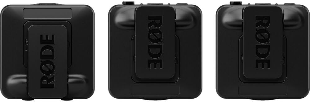 Close-up of the top of Rode Wireless PRO transmitters showing microphone input and power button.
