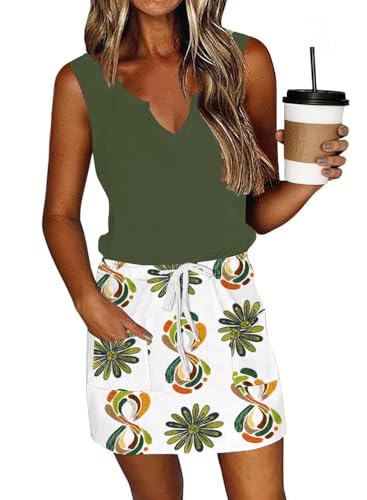 Image of SAUKOLE Womens Sleeveless T Shirt Dresses Casual Cute Floral Print Short Dress Summer Fashion Front Pockets