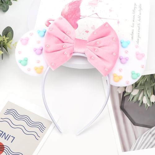 Image of DRESHOW Mouse Ears Headbands for Women Plain White Pearl Mickey Ears Hairbands Bow Head Bands Velvet Head Band Cosplay Costume Princess Party Decorations Disney Trip