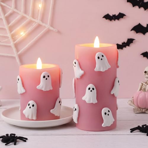 Glooglitter Pink Halloween Flameless Candles 3D Ghost LED Candle with Remote and Timer Spooky Boo Halloween Table Indoor Decor Gifts