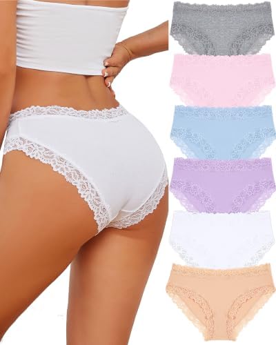 ALL OF SHE 6 Pezzi di Biancheria Intima da Donna in Cotone Brasiliano, Slip in Pizzo Morbido Hipster Sexy Panties Mutande da Donna morbide, Taglie Confezione