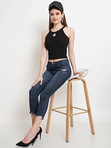 Image of POPWINGS Women Casual Black Rib Keyhole Crop Top