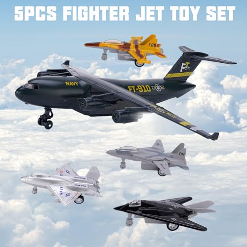 Crelloci 5 Pack Army Navy Airplane Toys Set with Light & Sounds, Military Fighter Jet Die Cast Plane Metal Aircraft Toy, Pull Back Aircraft Gift for Kids Toddlers Boys Girls Ages 3+ - Thumbnail 2