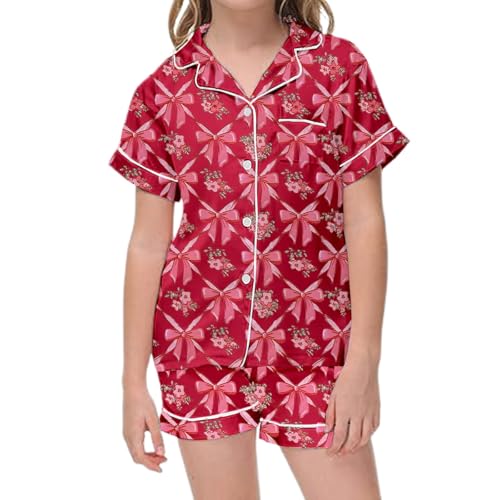 Girls Cute 𝙋js Sets 2 Piece Preppy Bow Graphic Print Button Down Lapel Neck Shirts and Elastic Waisted 𝙎leep Shorts 2-13Y