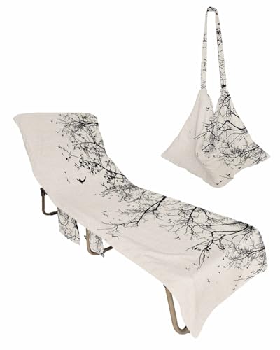 Black Branch Beach Lounge Chair Towel Cover, Soft Chaise Lounge Towel with Side Pockets Patio Pool Chairs Cover for Beach/Pool Sunbathing 29x85 Rustic Birds Spring Modern Abstract Art