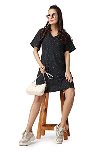 Image of POPWINGS Casual Printed V-Neck Short Sleeves Knee-Length Fit and Flare Dress for Women || Frokc-Style Summer Wear Dresses for Women || Loose-Fit Comfortable Women Dress for Regular Wear