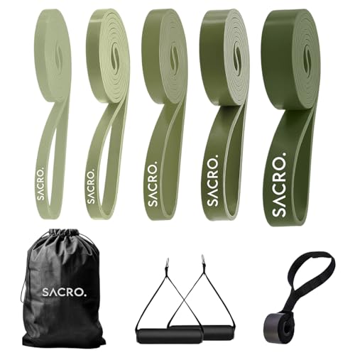 SACRO. Set 5 Gomas elásticas musculación – Bandas elásticas de Diferentes Niveles de Resistencia - Gym, Pilates, Yoga, Crosstraining, Calistenia - Entrena Tren Superior