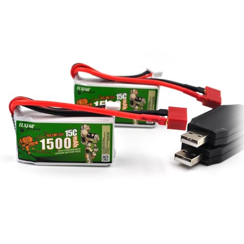 (2-Pack) 7.4V 1500mAh T-Head High-Rate Lithium Battery for WLTOYS A959-B A969-B A979-B K929-B 144001 12401 9200 9200E 300E YC200 HM123 1/10, 1/12, 1/16 RC High-Speed Off-Road Vehicle Spare Battery