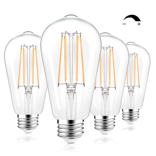 PARTPHONER LED Light Bulbs Dimmable Vintage Edison Bulb, E26 LED Bulb 60W Equivalent 720 Lumens, Warm White 2700K, ST58 Antique LED Filament Bulb CRI 85+, Clear Glass, Pack of 4