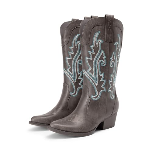DREAM PAIRS Women's Cowboy Cowgirl Boots Embroidered Pointed Toe Low Heel Western Mid Calf Boot for Theme Party Country Concert2