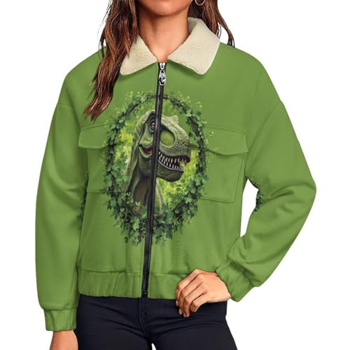Veste polaire femme chaude à imprimé forêt et T-Rex avec grand zip