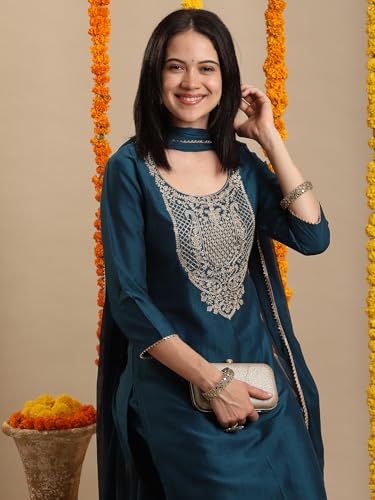 Image of GoSriKi Women's Rayon Viscose Embroidered Straight Kurta with Pant & Dupatta