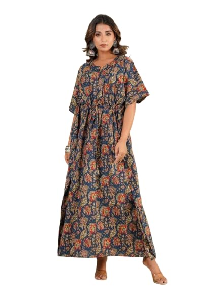 Miss India high Fashion Designer Kaftan for Women Hand Printed Cotton Kaftan Nightdress for Girl and Women Length 54 inches Blue-image-43