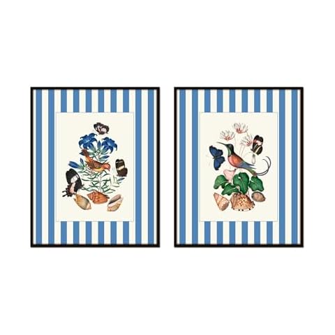 Blue Stripe Birds Butterflies, Vintage Bird Prints, Bird Wall Art Prints, Vintage Wall Art, Vintage Wall Decor, Vintage Art Prints, Bird Pictures Wall Decor (PAPER PRINTS - UNFRAMED, 16X20 SET OF 2) Cover