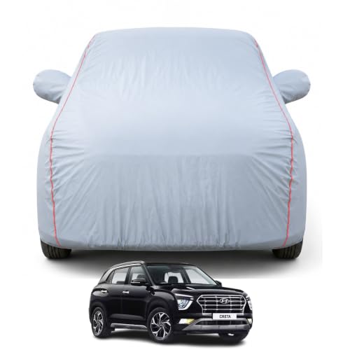 Image of Compatible with Hyundai's Creta 2020-2026 Models Premium Car Cover | Waterproof, UV & Dust Protection | Mirror & | Triple Stitched, Soft Inner Lining, Belt & Buckle (Dark Grey)