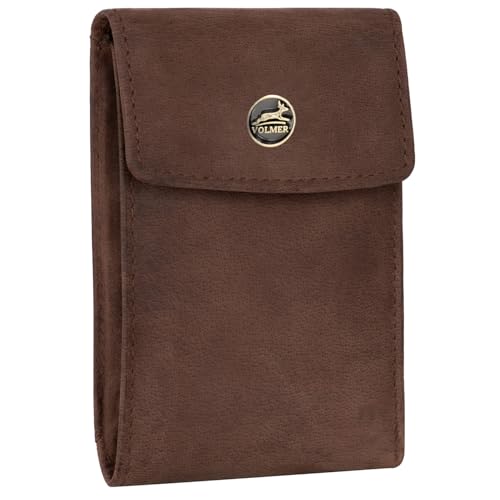 Fa.Volmer ® Kompakte Leder Mini Geldbörse mit RFID-Schutz - großes Münzfach - 9 Fächer für Kreditkarten - inkl. Geschenkbox | VO40 (Braun)