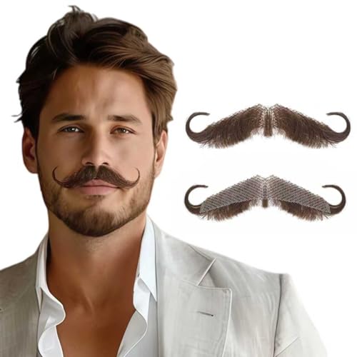 Krfapt Fake Mustache Realistic Handlebar Style - 100% Human Hair with Lace Front for Easy Stick On, Masquerade Party, Performance, Halloween Costume, Cosplay for Men & Women (Brown)