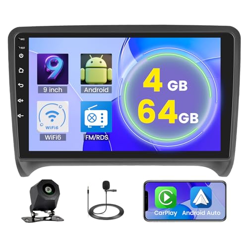 Hikity Autoradio Android 5G WiFi 4+64G para Audi TT 8J MK2 2008-2014, 9' Pantalla IPS con Wireless CarPlay Android Auto Navi Bluetooth FM/RDS SWC Cámara de Retroceso