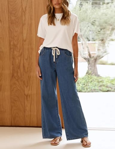 Yeokou Women Wide Leg Jeans Casual Loose Fit High Elastic Waist Denim Pants with Pockets(DarkBlue-M)2