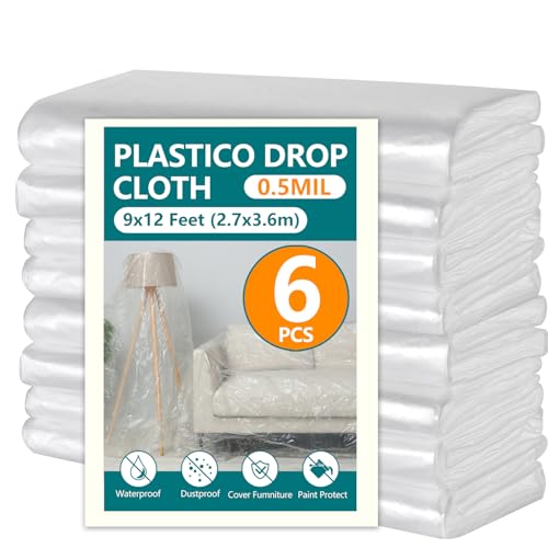 12x9ft Plastic Drop Cloths - Disposable Painter's Sheeting for Floor/Furniture/Car Protection,Paint Drop Cloth (6-Pack)