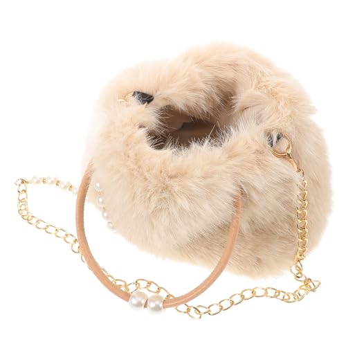 POPETPOP Bolso de Mano Gran Capacidad con Cadena de Perlas Peludo Beige Material de Felpa y Sintética, Elegante y Versátil en Invierno para Uso Diario
