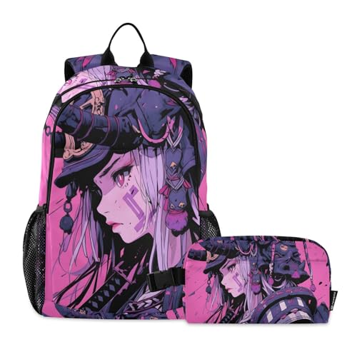 Travel Backpack Lunch Bag Set for Hiking Picnic, Backpacks with Insulated Lunch Box Anime Samurai Japanese Print
