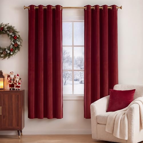 StangH Red Velvet Curtains Short Chrismas Bedroom Drapes, W52 x L72, 2 Pcs