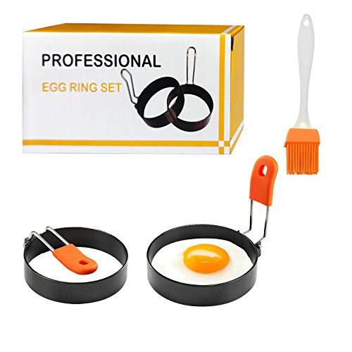 Professional Egg Rings Set with Anti-scald Handle, Round Egg Cooker Rings For Cooking - Stainless Steel Non Stick Mold Shaper Circles For Fried Egg McMuffin Sandwiches - Egg Maker Molds (2)
