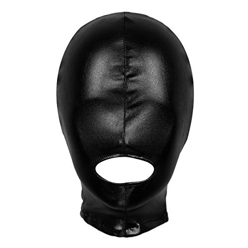 winying Unisex Latex Brillant Métallique Bouche Ouverte Respiratoire Cagoule Masque Facial Accessoire Cosplay Costume Noir Taille unique