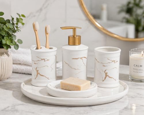 Image of Whizzo Ceramic Bathroom Set - Italian 4 Piece Bath Accessories Set with Soap Dispenser, Toothbrush Holder, Tumbler & Soap Dish - Modern & Designer Decor for Home & Guest Bathrooms (BS-822-White)