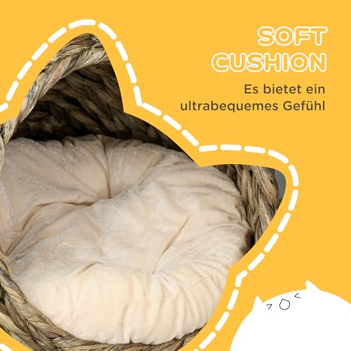 PawHut Rattan Katzenkorb Katzenhöhle Katzenhütte Katzenbett mit Kissen Haustierbett Wasserhyazinthe Kaffee 40 x 37 x 51 cm