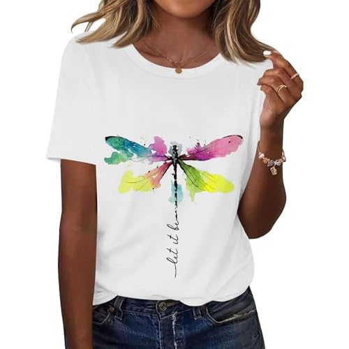 Kistore Womens Crew Neck Short Sleeve Tops Dressy Casual Blouses Summer Shirts S-3XL A5 Dragonfly X-Large
