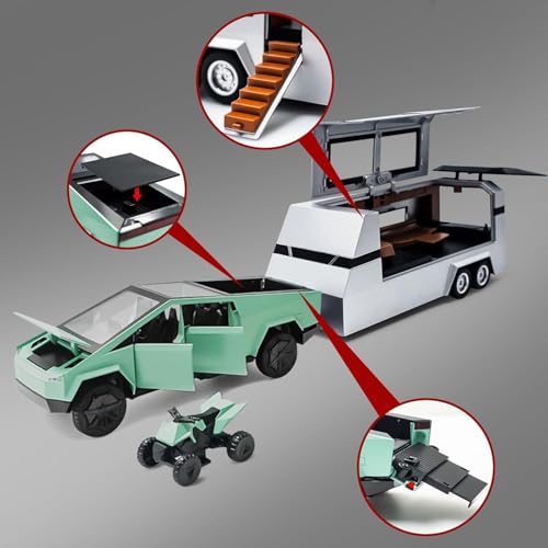 Image of 1:32 Tesla Cybertruck with Pickup Trailer Alloy Car Model Scale Diecast Metal Off-Road Vehicles Truck Model Sound and Light Kids (Colour As Per Stock)