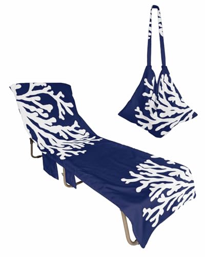 Navy Blue Coral Beach Chair Towel Covers for Chaise Lounge with Side Pocket, Soft Plush Pool Towels Cover for Patio Sunbathing Outdoor 29''x85'' Nautical Coastal Summer Ocean Sea Aquatic Animals