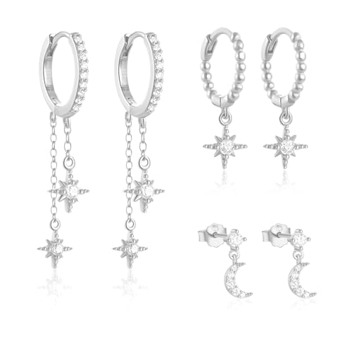 Image of SANNIDHI 3 Pairs Earrings Set for Women Stud Hoop Earrings Moon Star Earrings Combo for Multiple Piercing