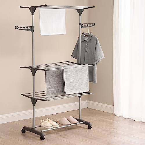 Vivo Technologies Clothes Drying Rack 4-Tier Folding Clothes Airer,Metal Laundry Drying Rack Collapsible Clothes Rack,Expandable Clothes Drying Rack Dryer Hanger Rack Grey